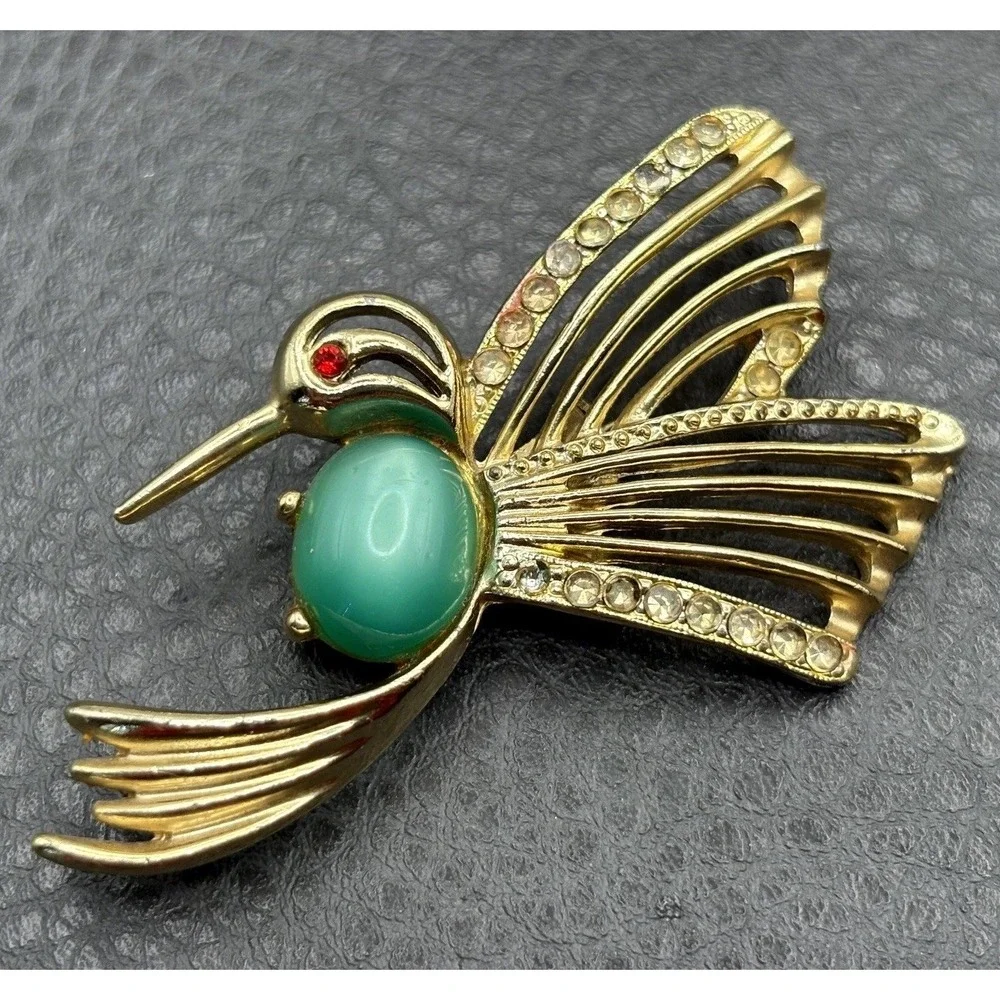 VTG Gold Tone Hummingbird Bird Brooch Green Moon glow Cabochon Clear Rhinestones